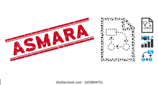 Grunge red stamp watermark with Asmara caption between double parallel lines, and mosaic business plan icon. Mosaic vector is designed with business plan icon and with random oval items.