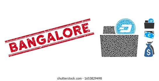 Grunge red stamp watermark with Bangalore text inside double parallel lines, and mosaic Dash folder icon. Mosaic vector is created with Dash folder icon and with scattered elliptic elements.