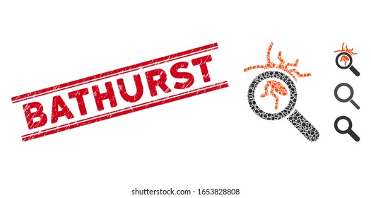 Grunge red stamp watermark with Bathurst caption between double parallel lines, and mosaic debugger explorer icon.
