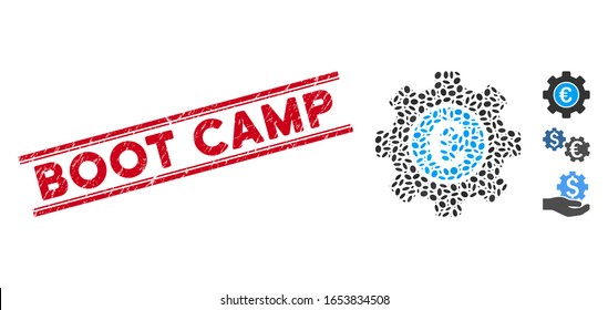 Grunge red stamp watermark with Boot Camp caption between double parallel lines, and mosaic Euro development gear icon.