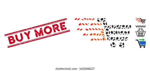 Grunge red stamp watermark with Buy More caption inside double parallel lines, and mosaic rush shopping cart icon. Mosaic vector is created with rush shopping cart icon and with random oval spots.
