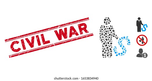 Grunge red stamp watermark with Civil War caption inside double parallel lines, and mosaic investor icon. Mosaic vector is designed from investor pictogram and with scattered ellipse spots.