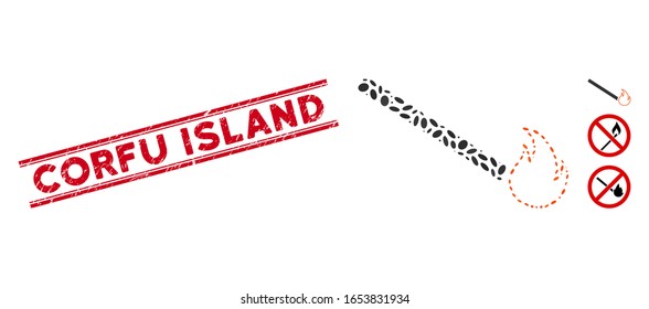 Grunge red stamp watermark with Corfu Island caption inside double parallel lines, and mosaic match flame icon. Mosaic vector is designed with match flame pictogram and with randomized oval elements.