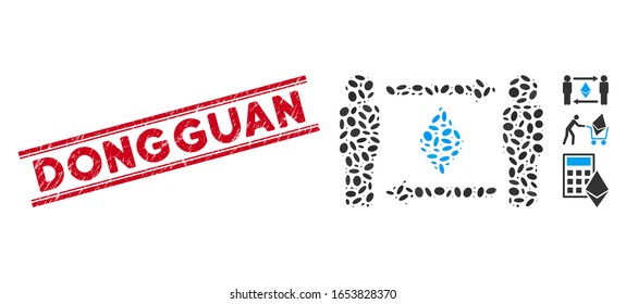 Grunge red stamp watermark with Dongguan text between double parallel lines, and mosaic persons exchange Ethereum icon.