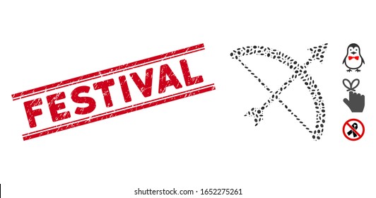 Grunge red stamp watermark with Festival text inside double parallel lines, and mosaic archery bow icon. Mosaic vector is formed with archery bow pictogram and with random oval items.
