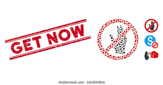 Grunge red stamp watermark with Get Now phrase between double parallel lines, and mosaic no manage hand icon. Mosaic vector is designed with no manage hand icon and with random ellipse spots.