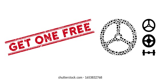 Grunge red stamp watermark with Get One Free caption between double parallel lines, and mosaic steering wheel icon.