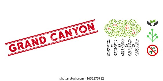 Grunge red stamp watermark with Grand Canyon phrase inside double parallel lines, and mosaic garden icon. Mosaic vector is formed from garden icon and with scattered ellipse items.