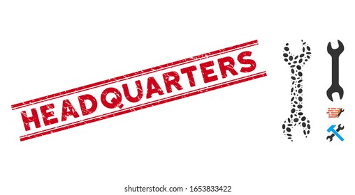 Grunge red stamp watermark with Headquarters caption between double parallel lines, and mosaic wrench icon. Mosaic vector is composed with wrench icon and with random oval items.