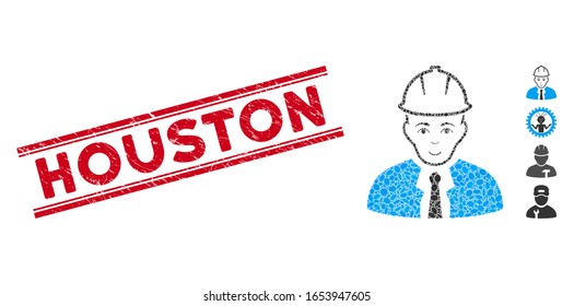 Grunge red stamp watermark with Houston text inside double parallel lines, and mosaic engineer icon. Mosaic vector is designed from engineer icon and with randomized ellipse elements.