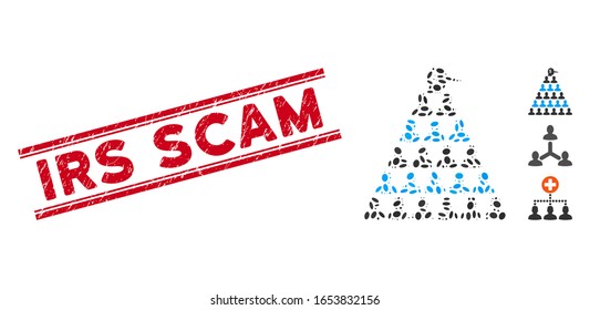 Grunge red stamp watermark with Irs Scam caption between double parallel lines, and mosaic Ponzi pyramid manager icon.