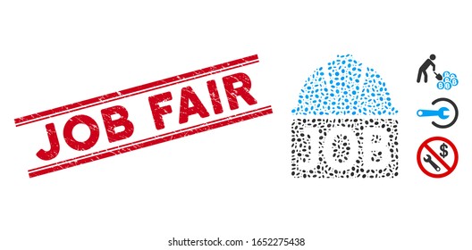 Grunge red stamp watermark with Job Fair text between double parallel lines, and mosaic job icon. Mosaic vector is composed with job icon and with randomized ellipse items.