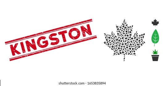 Grunge red stamp watermark with Kingston caption inside double parallel lines, and mosaic maple leaf icon. Mosaic vector is composed with maple leaf icon and with random oval spots.