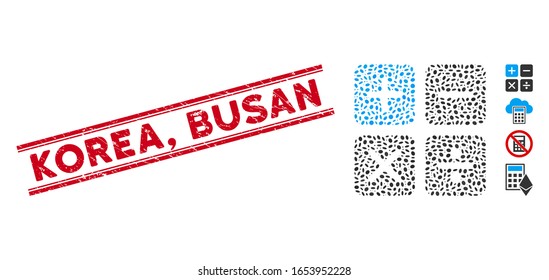 Grunge red stamp watermark with Korea, Busan caption between double parallel lines, and collage calculator icon. Mosaic vector is formed with calculator icon and with scattered ellipse spots. Korea,