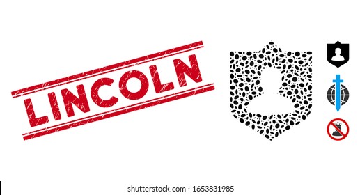 Grunge red stamp watermark with Lincoln caption between double parallel lines, and mosaic lord shield icon. Mosaic vector is composed with lord shield pictogram and with scattered ellipse spots.