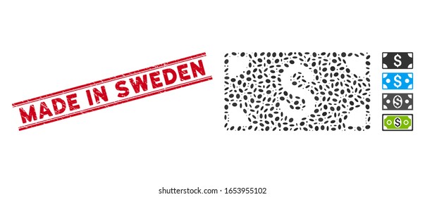 Grunge rote Stempel Wasserzeichen mit Made in Schweden Satz in doppelten parallelen Linien, und Mosaik Dollar-Banknote Symbol.