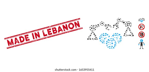 Grunge red stamp watermark with Made in Lebanon caption between double parallel lines, and mosaic Dash mining robotics icon.