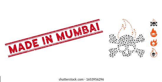 Grunge red stamp watermark with Made in Mumbai phrase between double parallel lines, and collage death fire icon. Mosaic vector is designed with death fire icon and with scattered elliptic items.