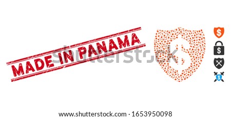 Grunge red stamp watermark with Made in Panama text between double parallel lines, and mosaic deposit insurance icon.