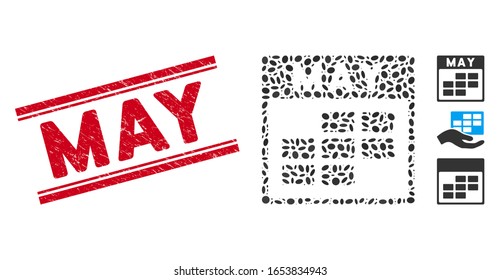 Grunge red stamp watermark with May caption between double parallel lines, and mosaic May calendar grid icon. Mosaic vector is formed with May calendar grid icon and with scattered ellipse items.