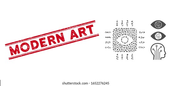 Grunge red stamp watermark with Modern Art phrase between double parallel lines, and mosaic bionic eye processor icon.