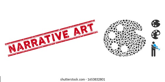 Grunge red stamp watermark with Narrative Art caption between double parallel lines, and mosaic artistic palette icon.