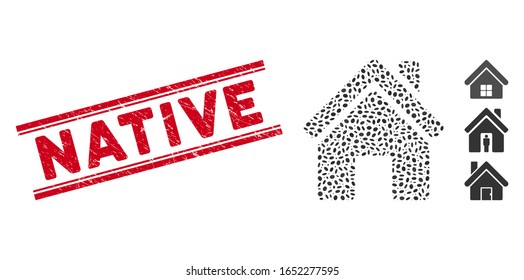 Grunge red stamp watermark with Native phrase inside double parallel lines, and mosaic home building icon. Mosaic vector is composed from home building icon and with randomized elliptic items.