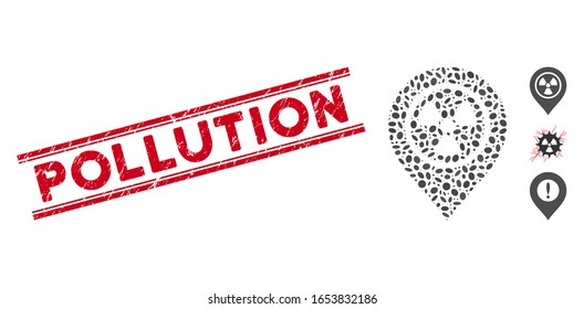 Grunge red stamp watermark with Pollution text inside double parallel lines, and collage radioactive marker icon.