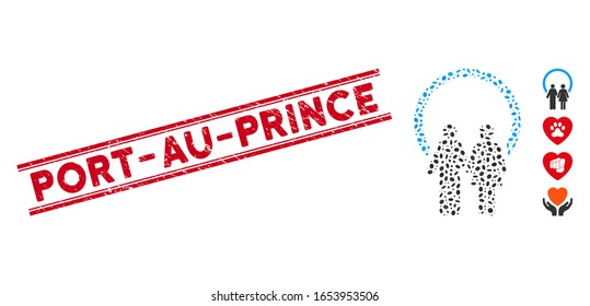 Grunge red stamp watermark with Port-Au-Prince caption inside double parallel lines, and mosaic marriage icon. Mosaic vector is designed with marriage icon and with random oval spots.