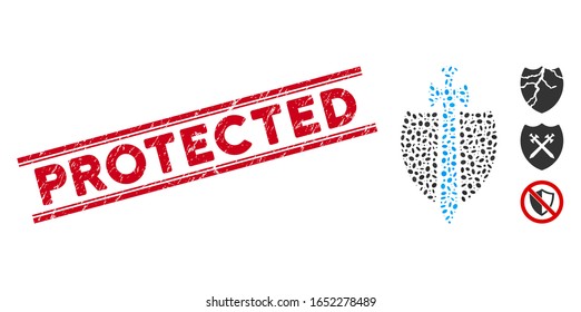 Grunge red stamp watermark with Protected caption inside double parallel lines, and mosaic guard icon. Mosaic vector is created with guard icon and with random ellipse spots.