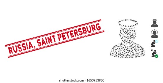 Grunge red stamp watermark with Russia, Saint Petersburg caption inside double parallel lines, and collage holy man icon. Mosaic vector is created with holy man icon and with random elliptic spots.