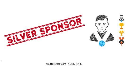 Grunge red stamp watermark with Silver Sponsor caption inside double parallel lines, and mosaic champion icon. Mosaic vector is composed with champion icon and with randomized ellipse items.