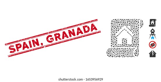 Grunge red stamp watermark with Spain, Granada phrase inside double parallel lines, and mosaic realty description roll icon.