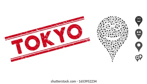 Grunge red stamp watermark with Tokyo text inside double parallel lines, and mosaic spectacles smiley map marker icon.