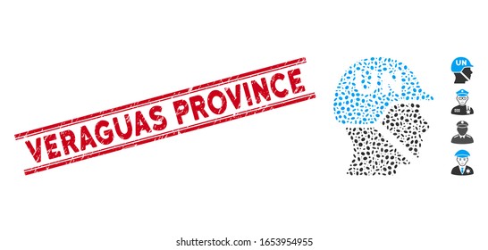 Grunge red stamp watermark with Veraguas Province phrase between double parallel lines, and mosaic united nations soldier helmet icon.
