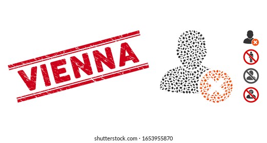 Grunge red stamp watermark with Vienna caption inside double parallel lines, and collage user delete icon. Mosaic vector is formed with user delete icon and with randomized ellipse elements.