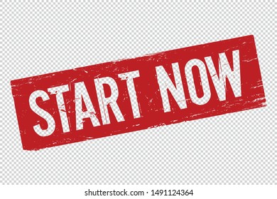 Grunge red Start Now square rubber seal stamp on transparent  background. Retro Icon for design. Start Now sign. Vector illustration