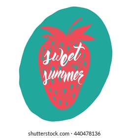 Grunge red strawberry poster. Sweet summer lettering. Scratched strawberry silhouette. Vector illustration