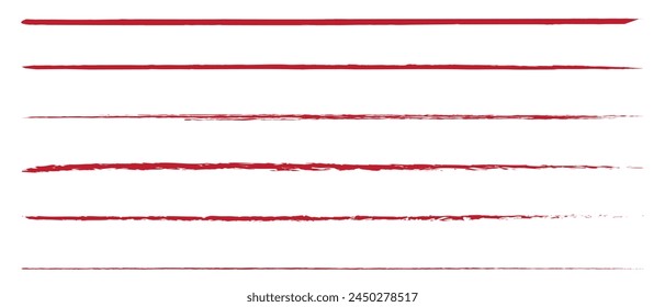 Grunge red strike through and underline elements. Set of hand drawn red pencil lines and strokes. Doodle vector graphic elements. Typography ink brush lines. Crosses and curved strokes.