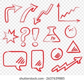 Grunge red strike through and underline elements. Set of hand drawn red pencil lines and strokes. Doodle vector graphic elements. Typography ink brush lines. Crosses and curved strokes.