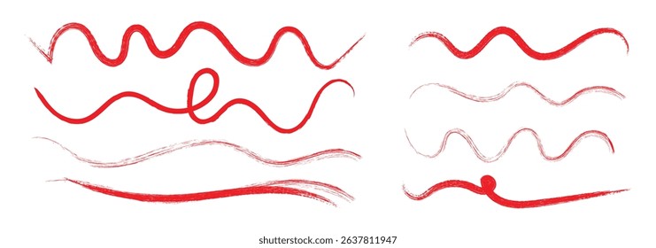 Grunge red strike through and underline elements. Scribble line set. Chalk mark brush line paint stroke. Doodle Marker hand drawn shapes vector illustration.