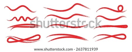Grunge red strike through and underline elements. Scribble line set. Chalk mark brush line paint stroke. Doodle Marker hand drawn shapes vector illustration.