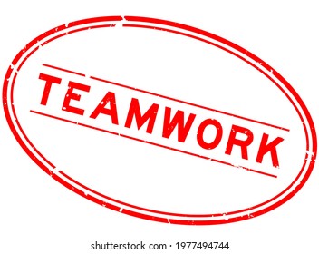 Grunge red teamwork word oval rubber seal stamp on white background
