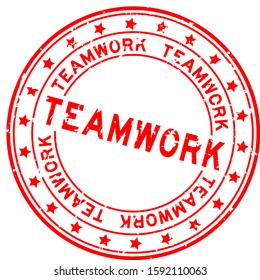 Grunge red teamwork word round rubber seal stamp on white background