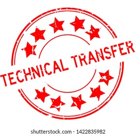 Grunge red technical transfer word with star icon round rubber seal stamp on white background