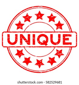 Grunge red unique with star icon round rubber seal stamp on white background