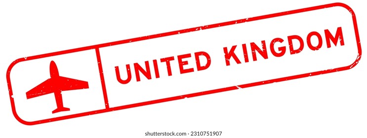 Grunge red united kingdom word with plane icon square rubber seal stamp on white background