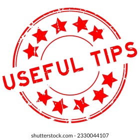 Grunge red useful tips word with star icon round rubber seal stamp on white background