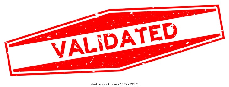 Grunge red validated word hexagon rubber seal stamp on white background
