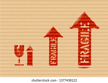 Grunge red vector cargo box stamps on cardboard: Fragile glass with arrows up signs